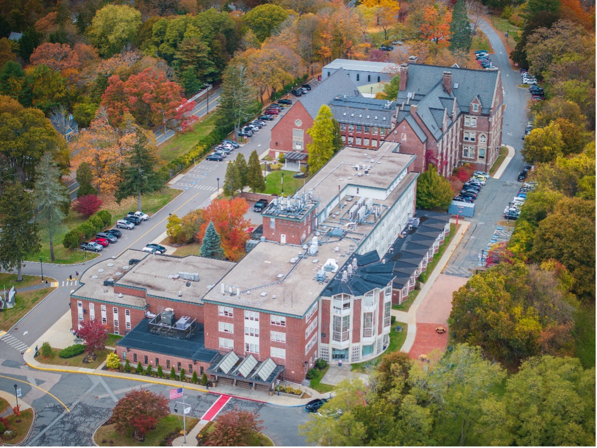 Aerial view of the front entrance to Wellesley campus in fall
