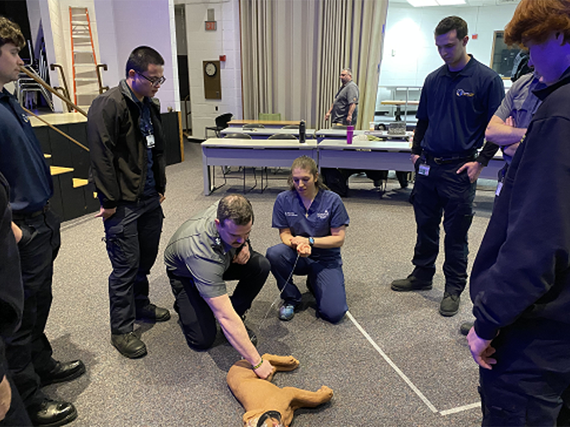 Veterinarian, Dr. Alexis Zallas, works with MassBay EMS students to learn how to find an accurate pulse on a dog mannequin, Framingham, MA, February 2023 (Photo/MassBay Community College).
