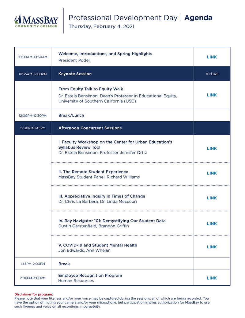 Professional Day Schedule Spring 2021. No active links.