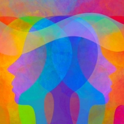 Colorful artwork depicting six side profiles of human heads