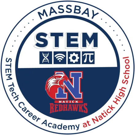 circular logo design of STEM Tech Career Academy at Natick High School, with Natick Redhawks logo and STEM symbols