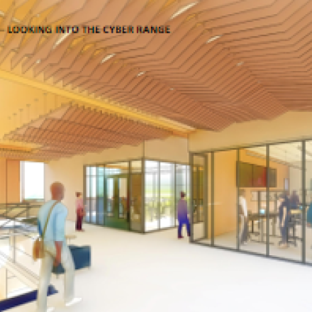 Rendering of the MassBay Center for Cybersecurity Education/Health & Wellness Center. An interior shot, the header is Level Four, Looking Into the Cyber Range