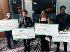 MassBay Community College students (left to right) AJ Gilbert Miller, Leo Russell, Esther Jagwer, and Reginald Ben Arthur Jr., at the National Society of Black Engineers (NSBE) Boston Professionals 6th Annual Inspire STEM Gala on Saturday, February 24, 2024, Boston, MA, February 2024 (Photo/MassBay Community College).